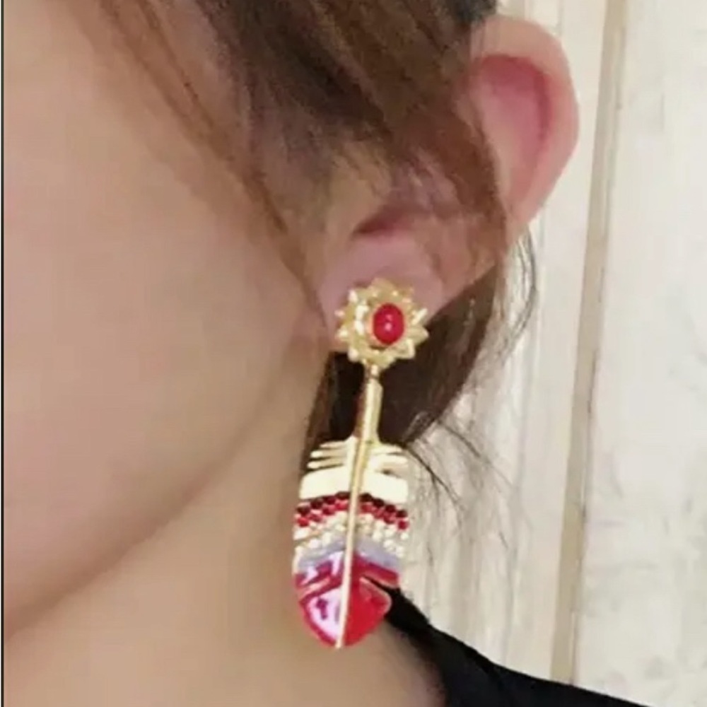 Stylish Red And Rhinestone Feather Gold Drop Earrings - Picture 3 of 14